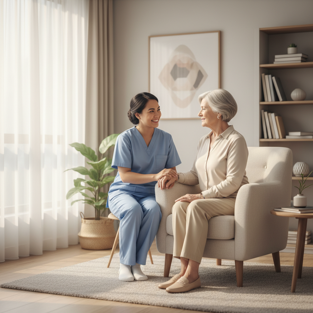 Compassionate Filipino caregiver with senior client